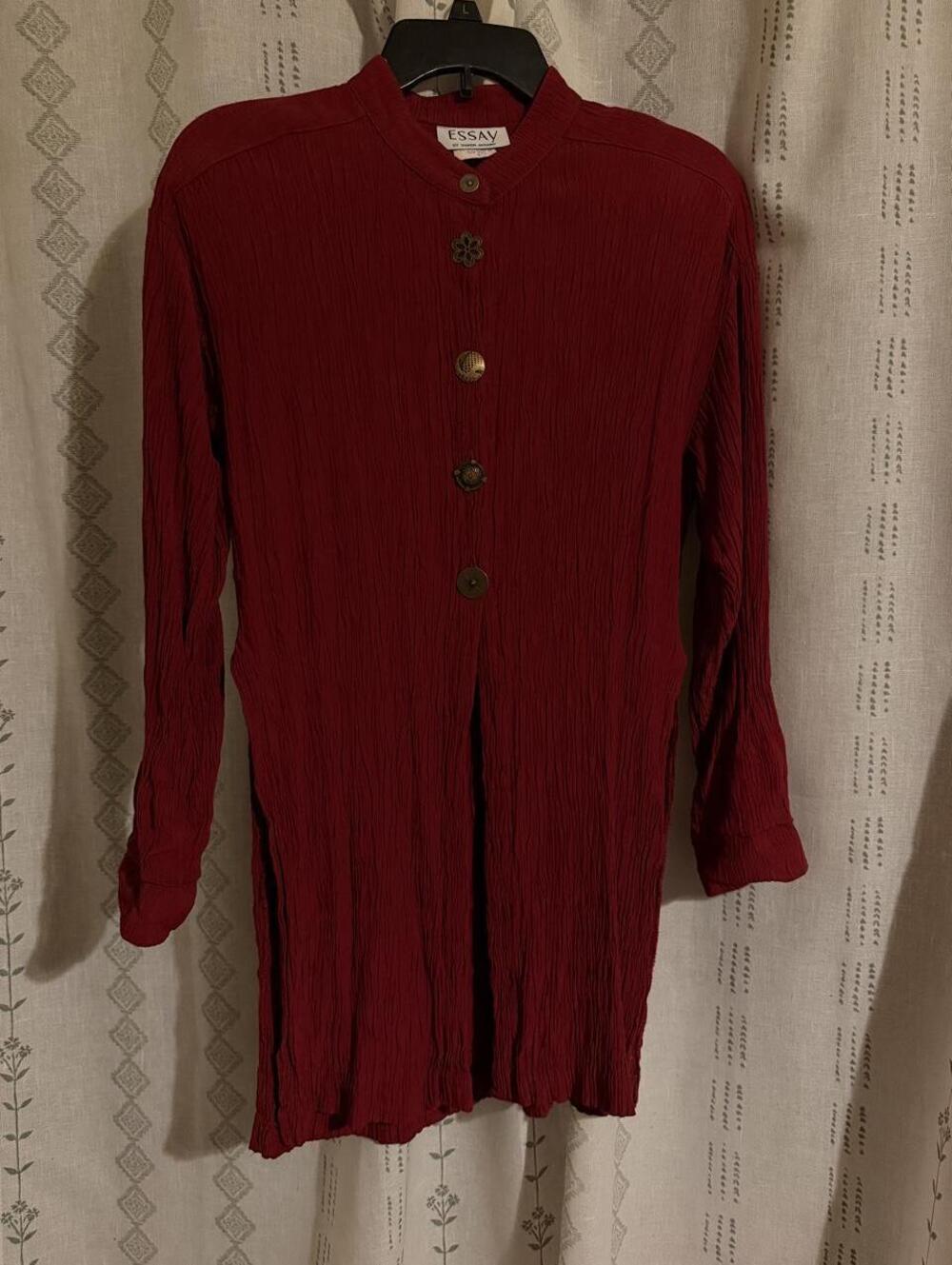Vtg 90s Renaissance Red Crinkle Rayon Novelty Button Tunic, Costume Top